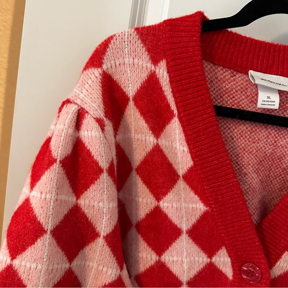Monki Red and Light Pink Argyle Pattern Cardigan - Picture 4 of 7
